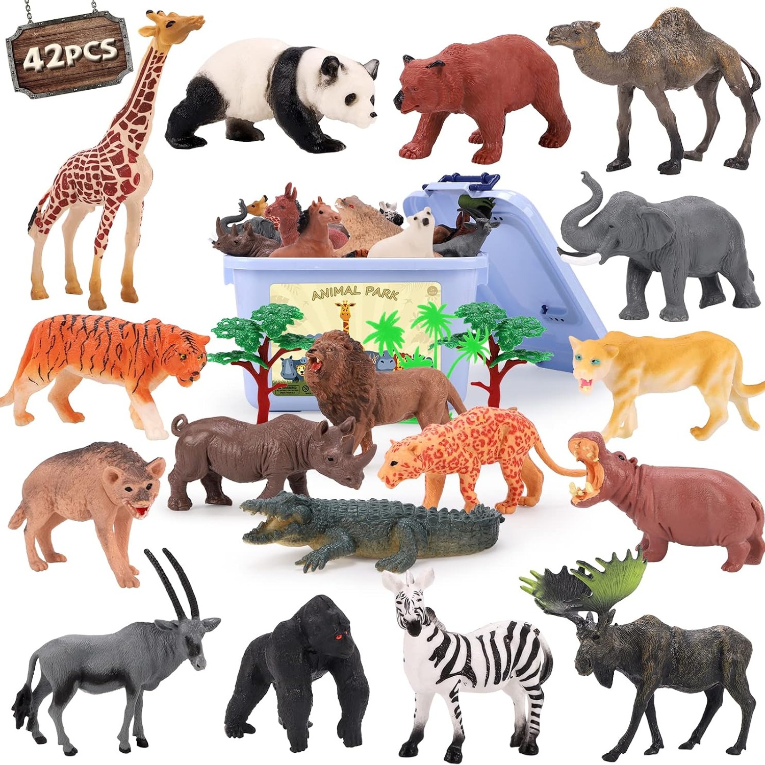 Safari Animal Figures Set, 42 Pieces with Storage Box