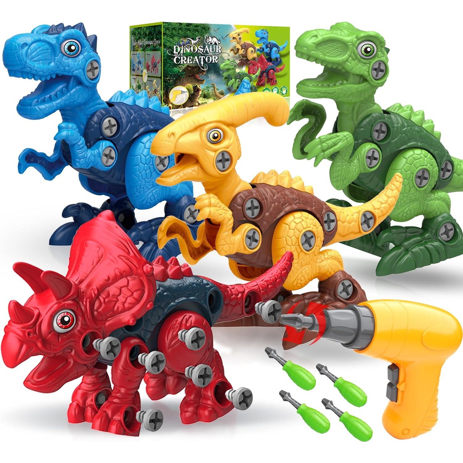 Take Apart Dinosaur Toys with Electric Drill, 4 Pack STEM Building Set
