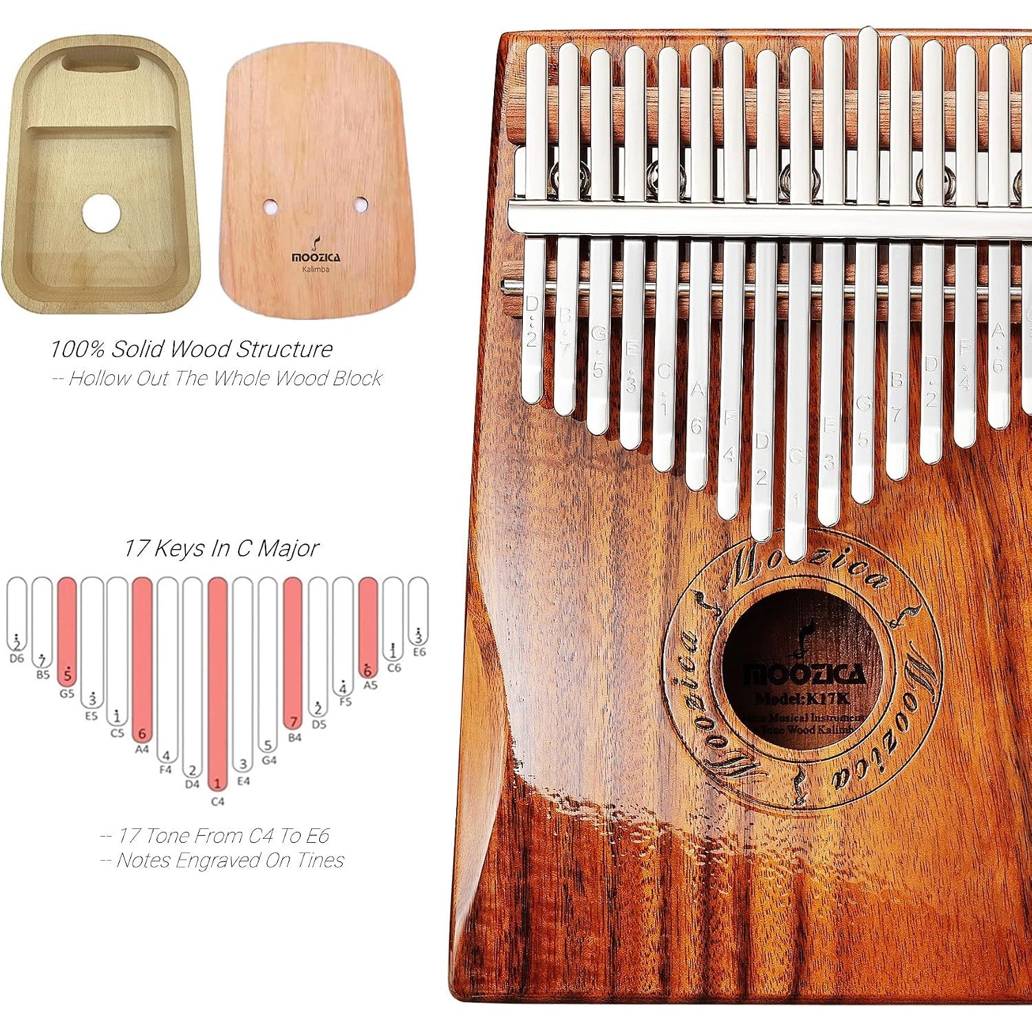 17 Key Koa Wood Kalimba Thumb Piano with Hard Case