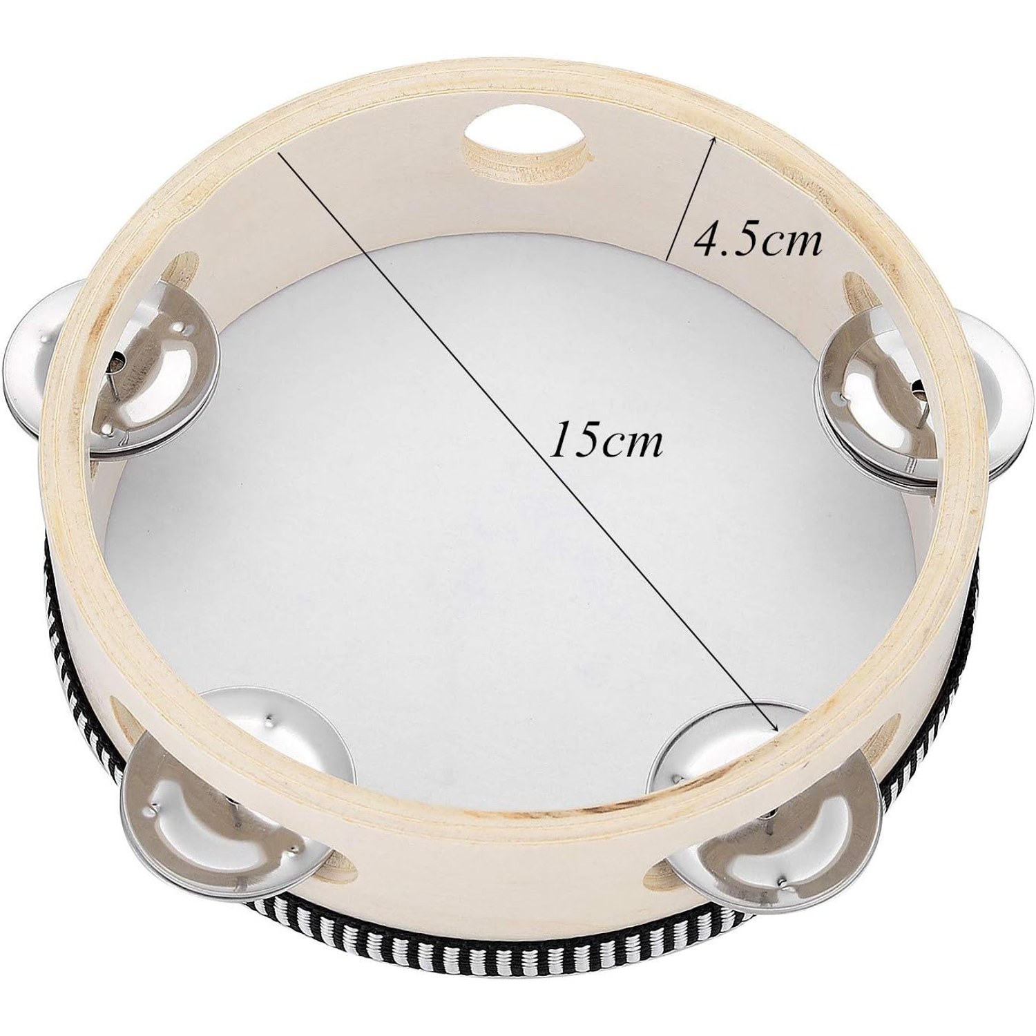 6 Inch Birch Wood Tambourine with Metal Jingles