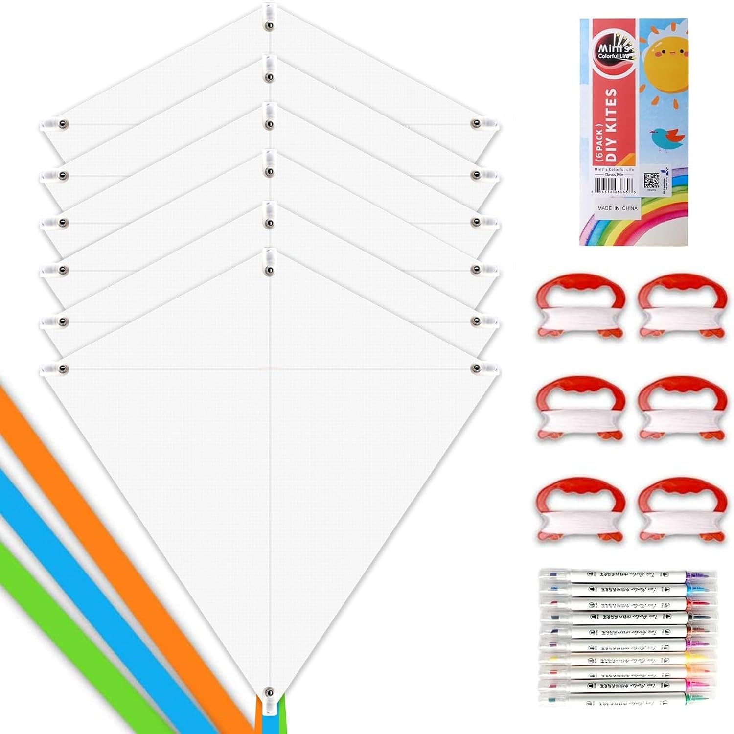 DIY Kite Making Kit, 6 Blank Diamond Kites with Markers