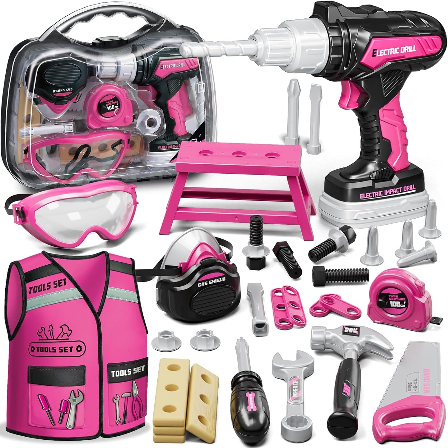 Pink Construction Tool Set with Vest (16 Piece)