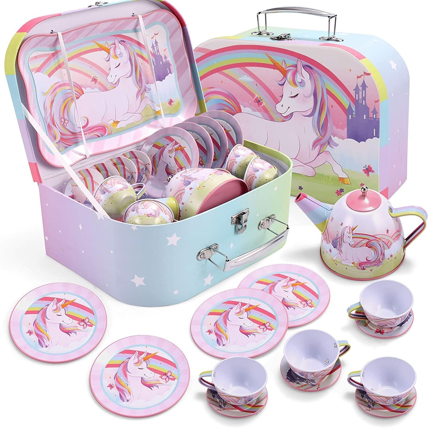 Unicorn Tin Tea Party Set for Kids (15 Pieces with Carry Case)