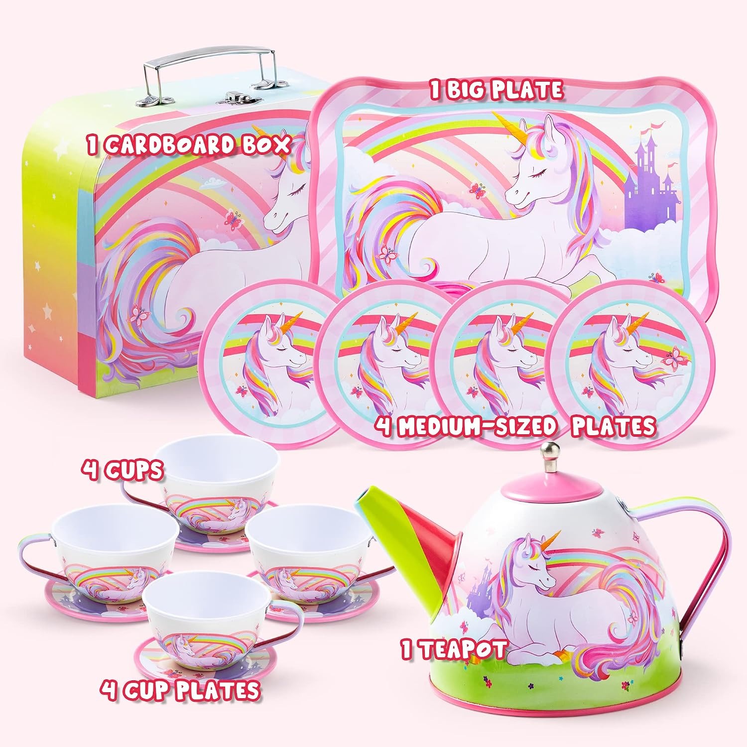 Unicorn Tin Tea Party Set for Kids (15 Pieces with Carry Case)