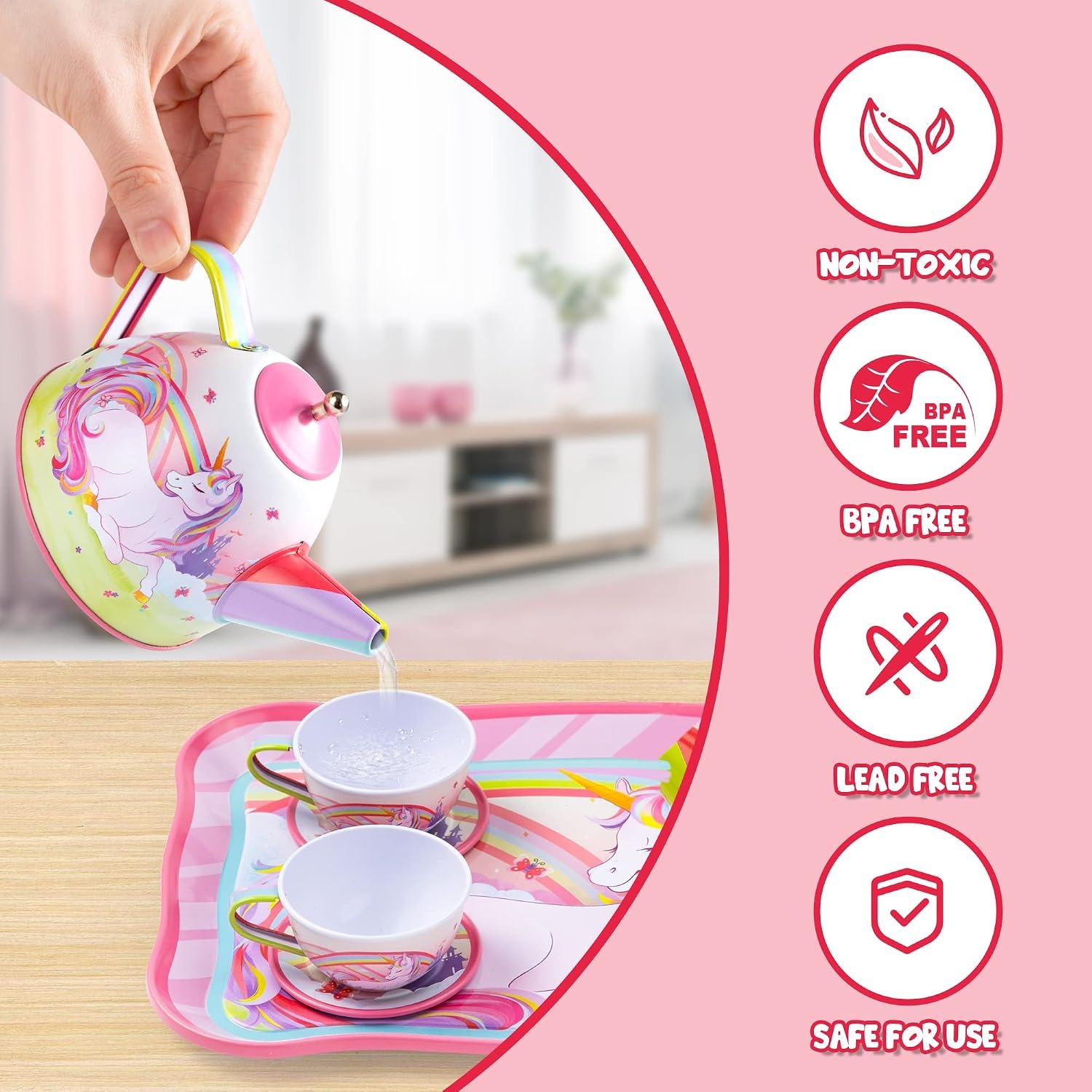 Unicorn Tin Tea Party Set for Kids (15 Pieces with Carry Case)