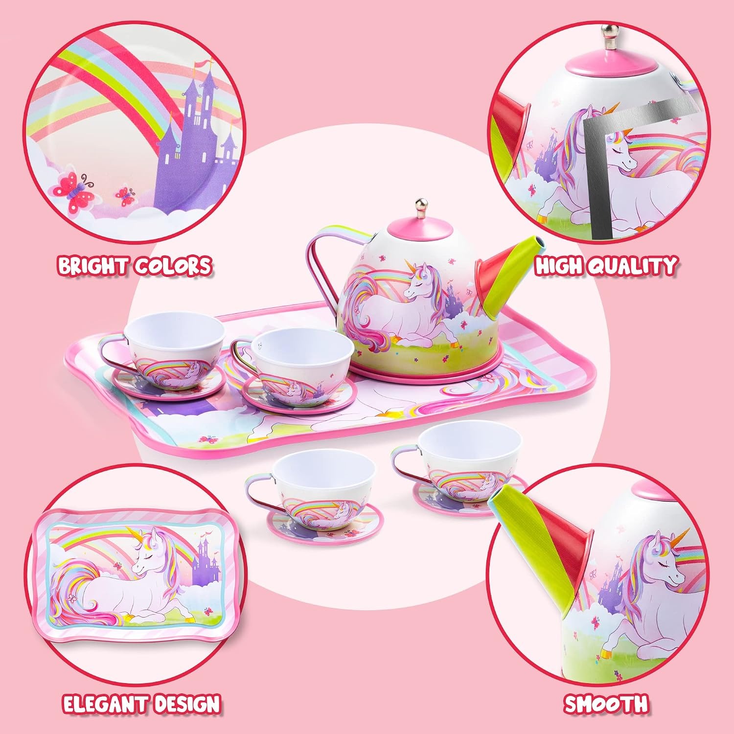 Unicorn Tin Tea Party Set for Kids (15 Pieces with Carry Case)