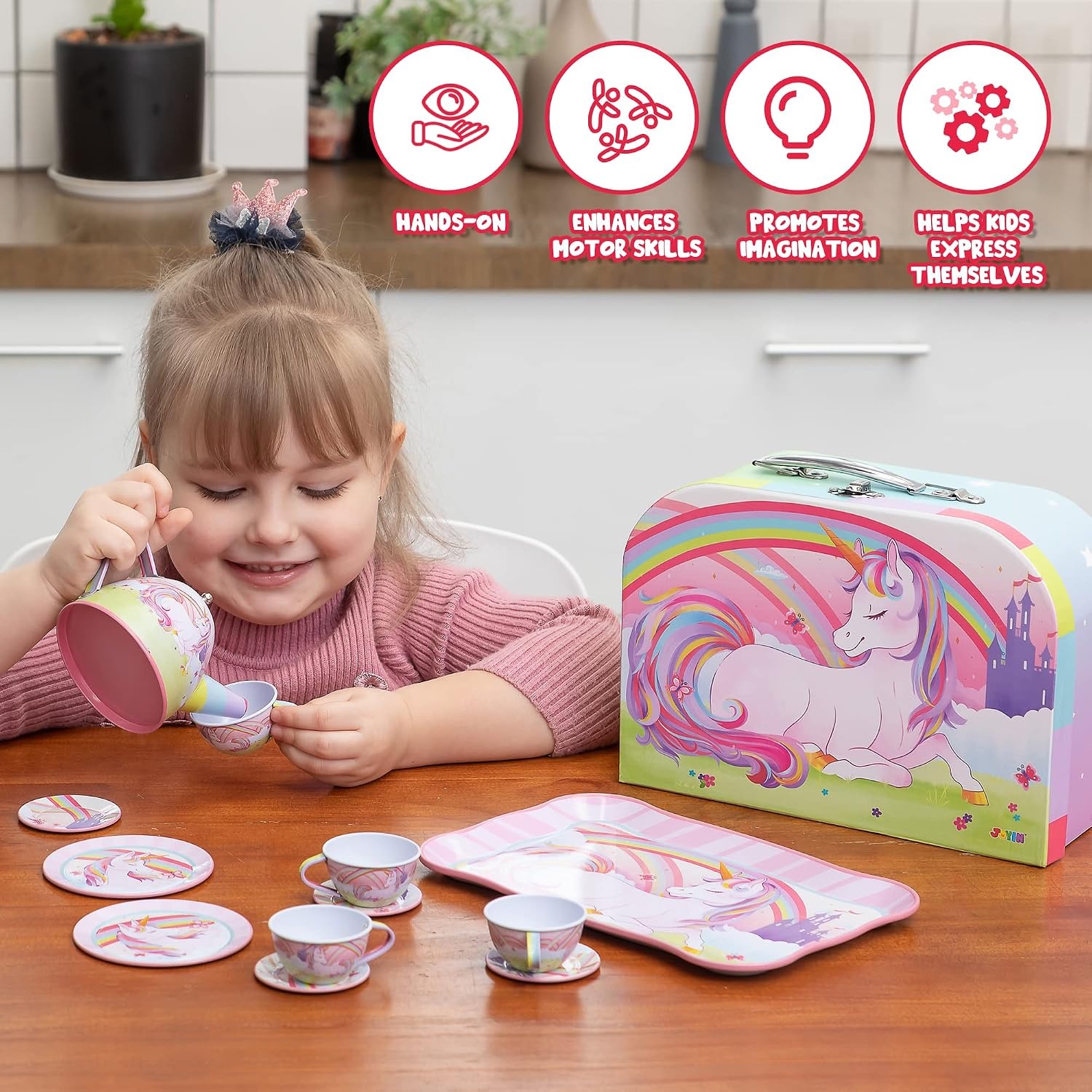 Unicorn Tin Tea Party Set for Kids (15 Pieces with Carry Case)