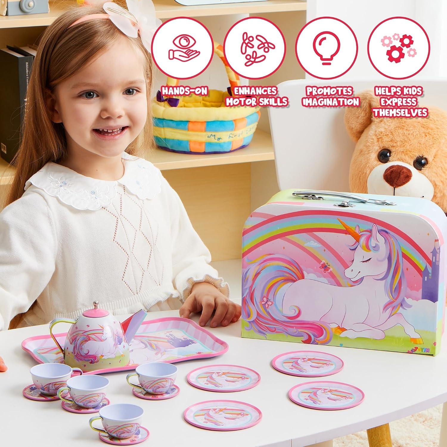 Unicorn Tin Tea Party Set for Kids (15 Pieces with Carry Case)