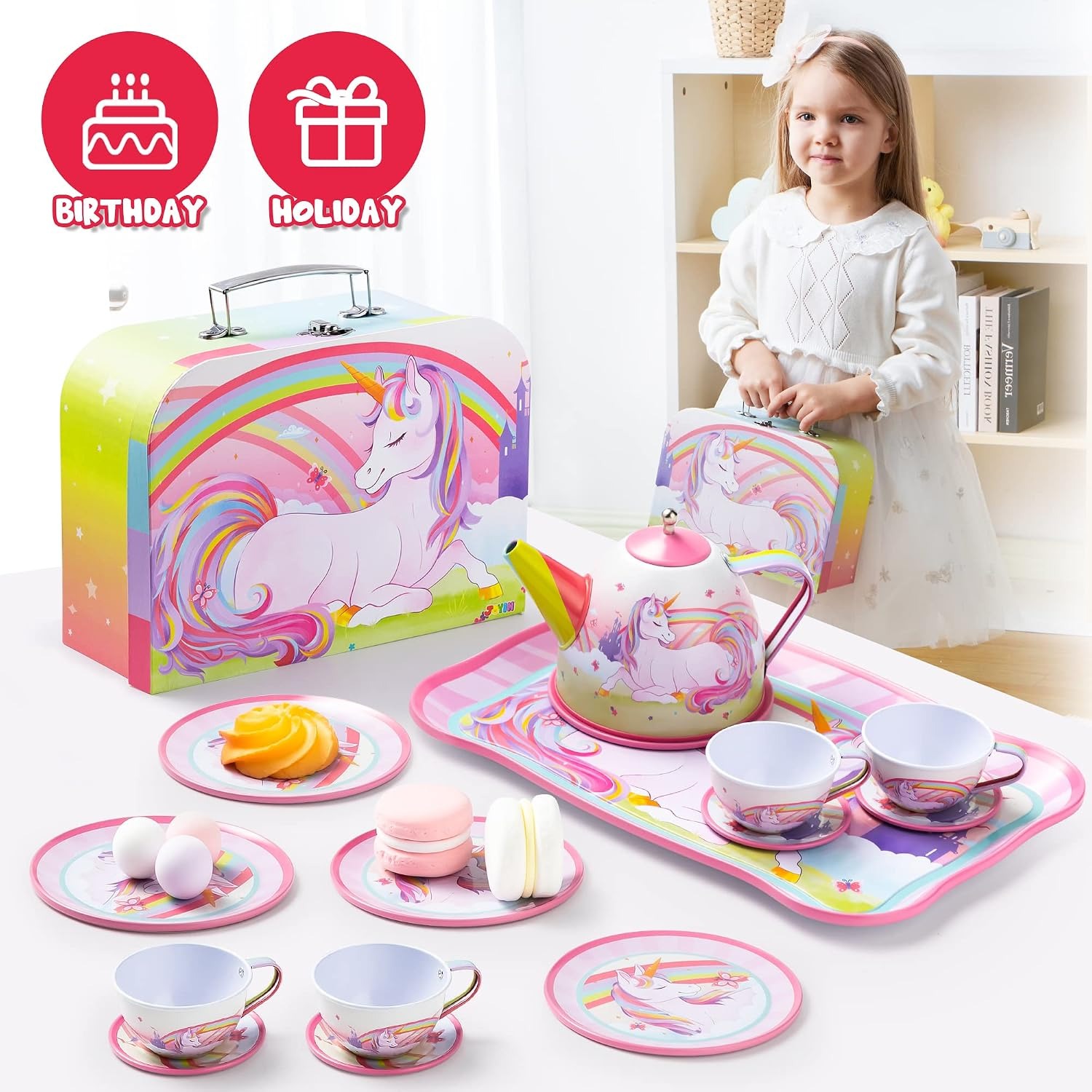 Unicorn Tin Tea Party Set for Kids (15 Pieces with Carry Case): image 8
