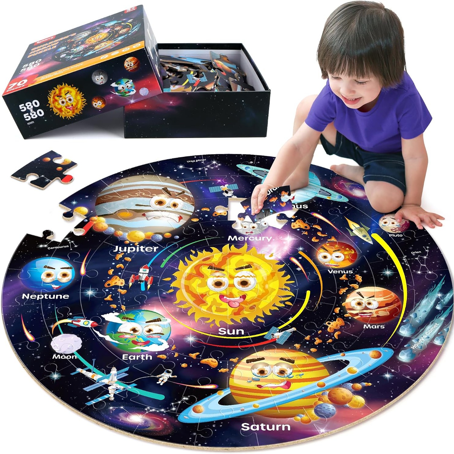 Solar System Floor Puzzle 70-Piece Round Jigsaw for Kids