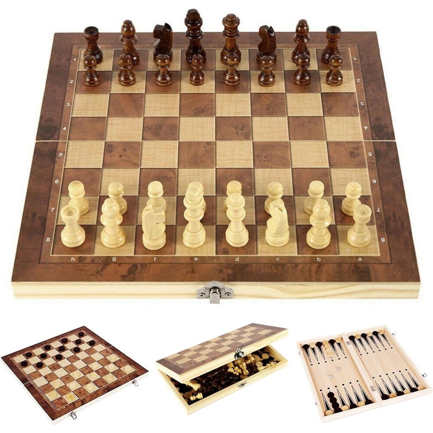 3-in-1 Wooden Chess, Draughts and Backgammon Set