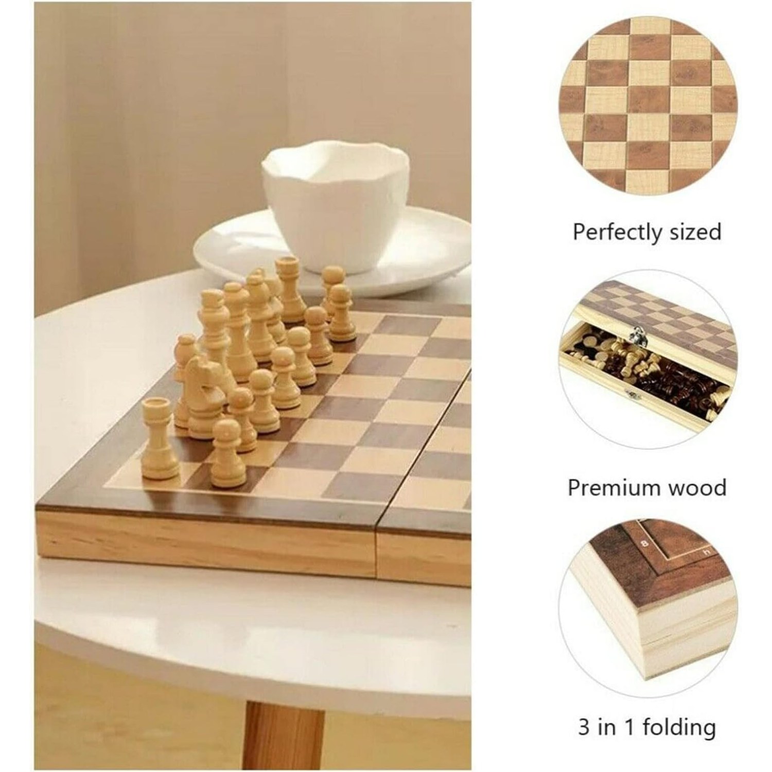 3-in-1 Wooden Chess, Draughts and Backgammon Set