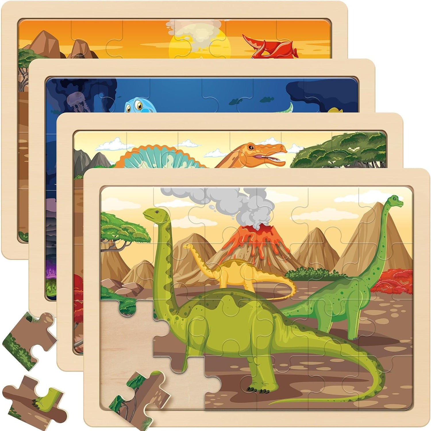 Wooden Dinosaur Puzzles for Kids, 4-Pack 24-Piece Jigsaw Set