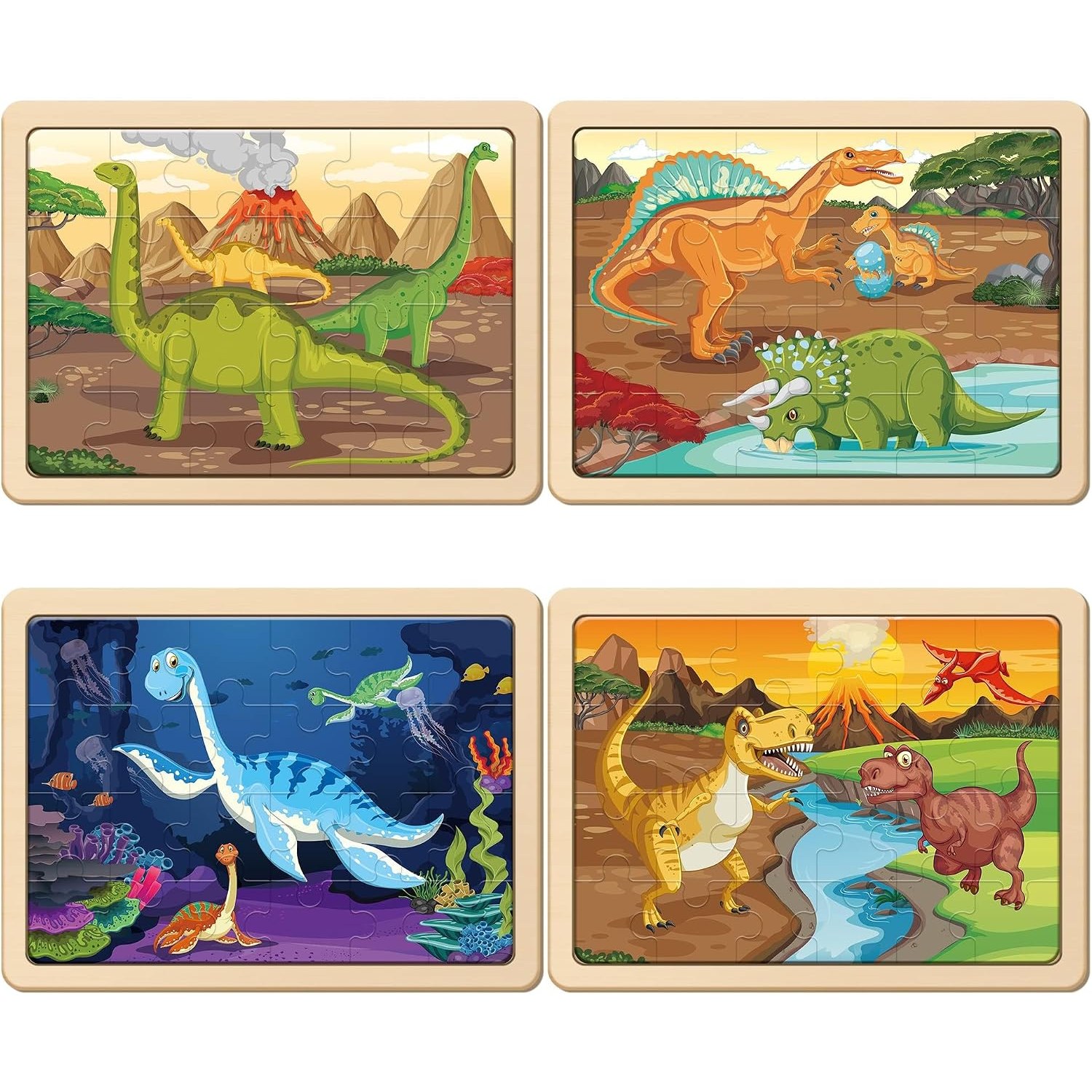 Wooden Dinosaur Puzzles for Kids, 4-Pack 24-Piece Jigsaw Set
