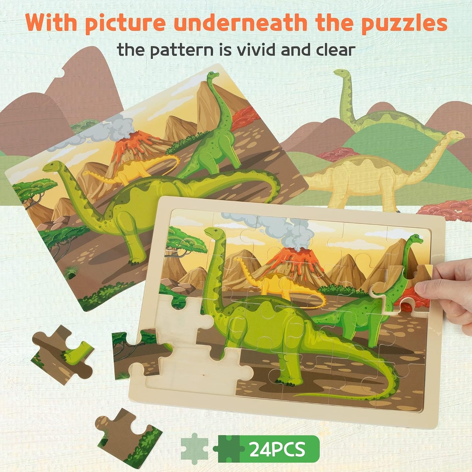 Wooden Dinosaur Puzzles for Kids, 4-Pack 24-Piece Jigsaw Set