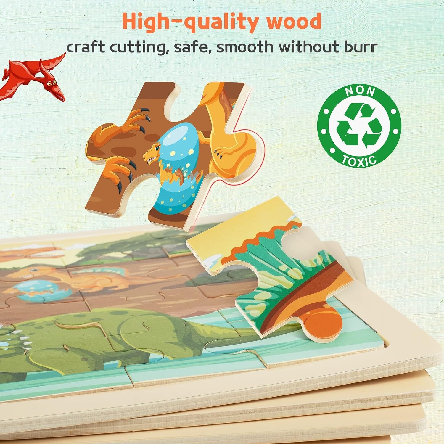 Wooden Dinosaur Puzzles for Kids, 4-Pack 24-Piece Jigsaw Set