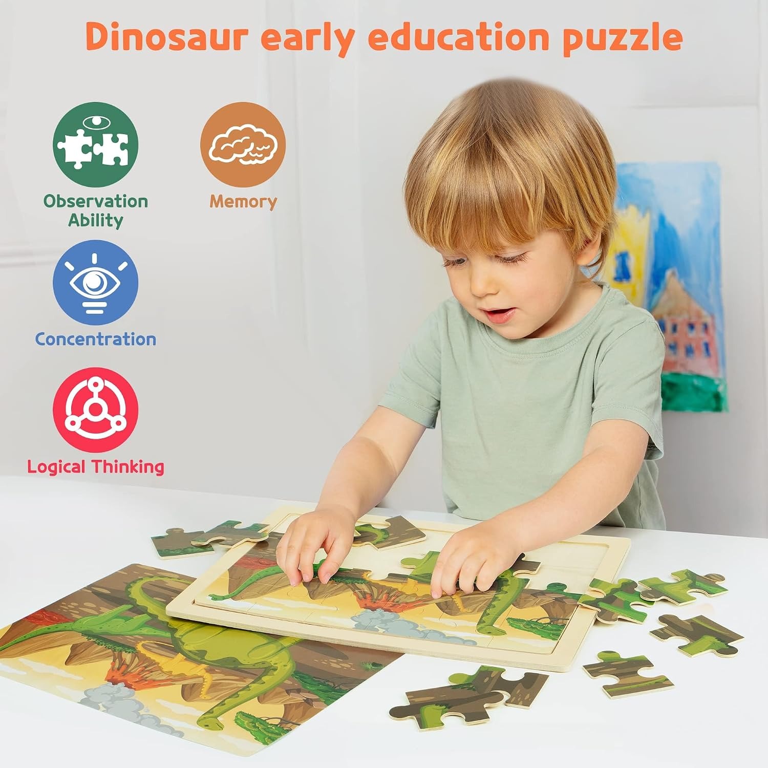 Wooden Dinosaur Puzzles for Kids, 4-Pack 24-Piece Jigsaw Set