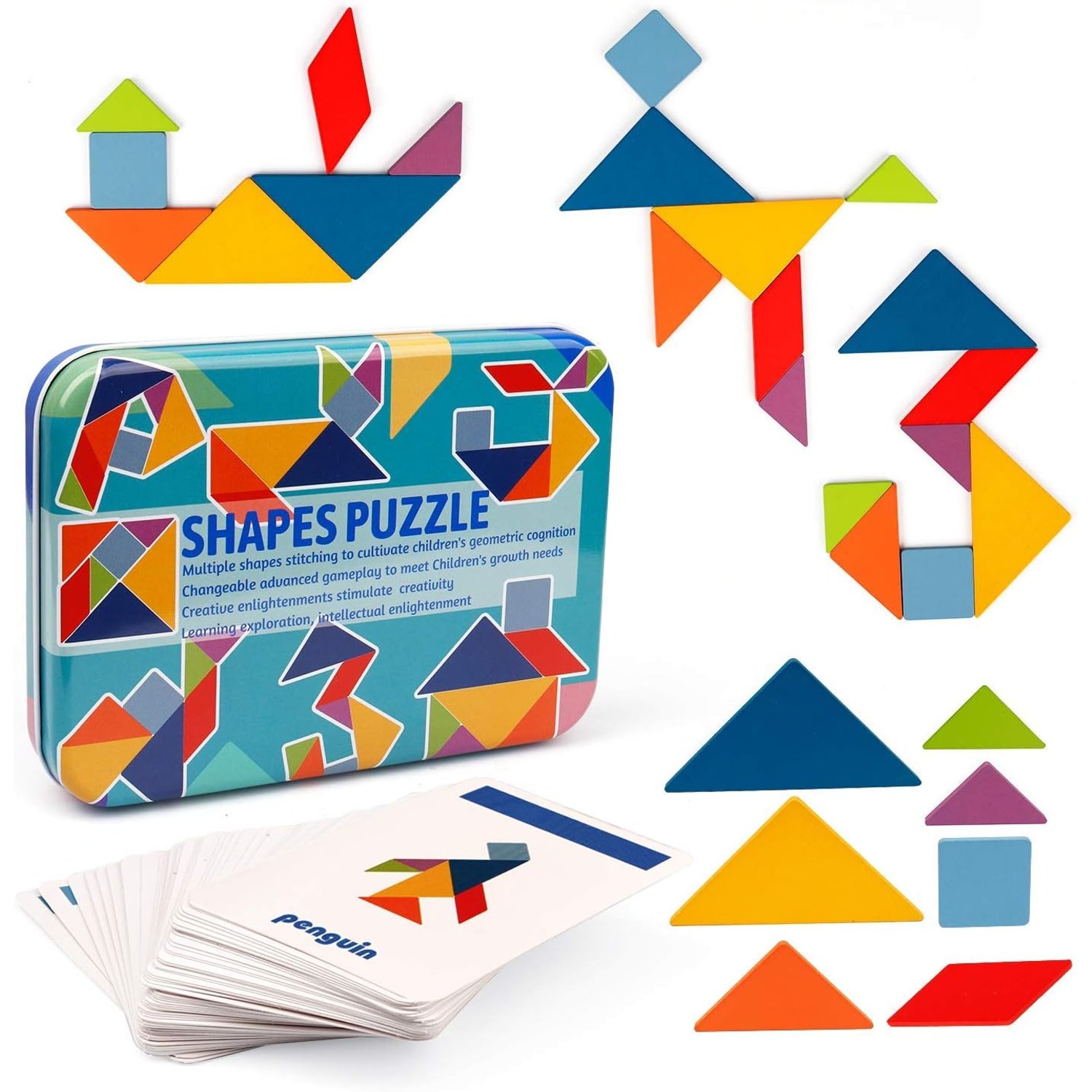 Wooden Tangram Set with 60 Double-Sided Pattern Cards