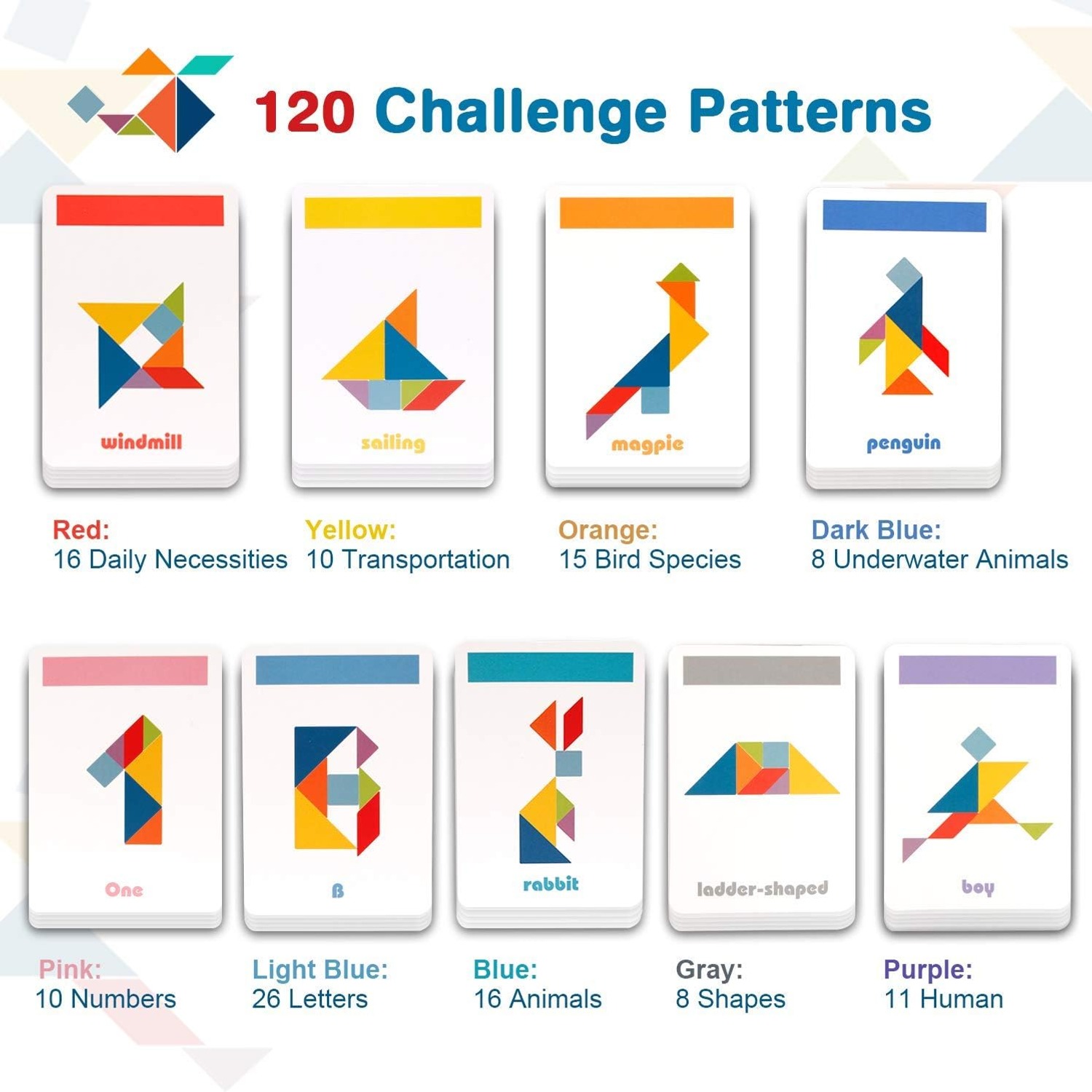Wooden Tangram Set with 60 Double-Sided Pattern Cards: image 5