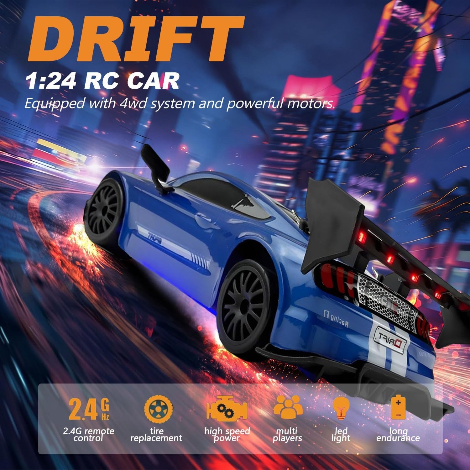 1:24 RC Drift Car with Swappable Racing and Drift Tyres