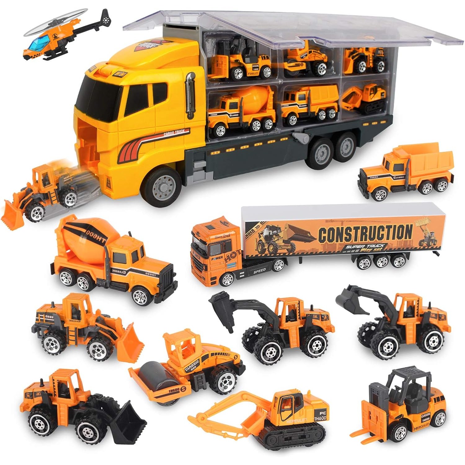 Construction Truck Carrier Set with 11 Die-Cast Vehicles