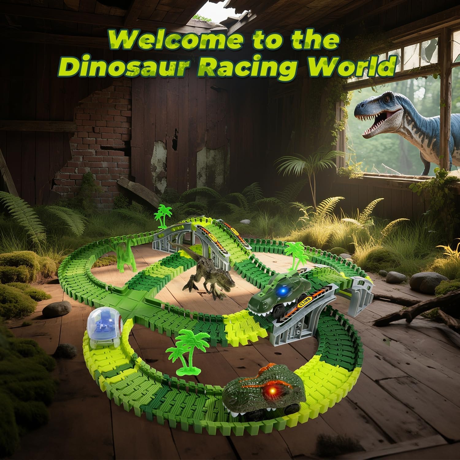 Dinosaur Race Track Set with Electric Dino Cars (233 Pieces): image 5