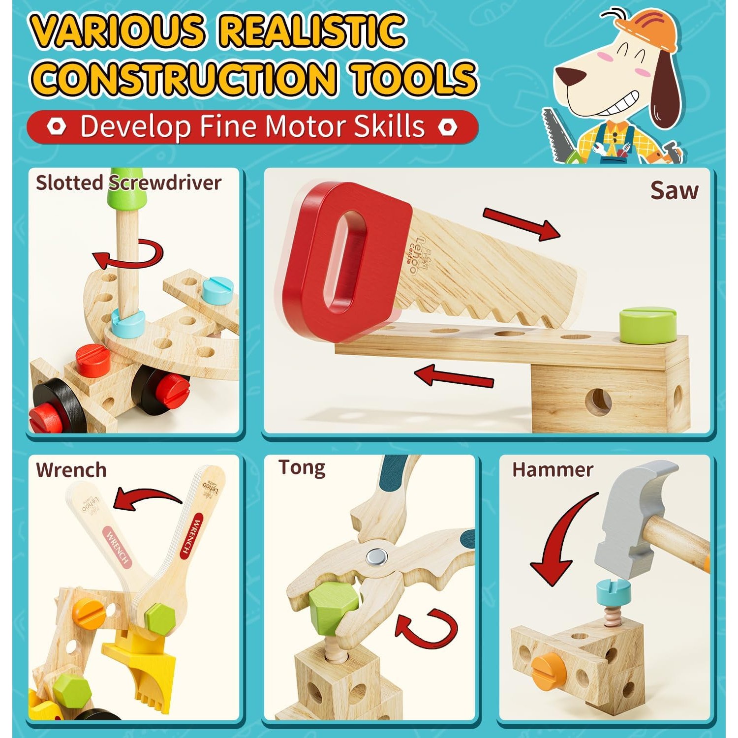 Kids Wooden Tool Set with Carry Toolbox: image 2