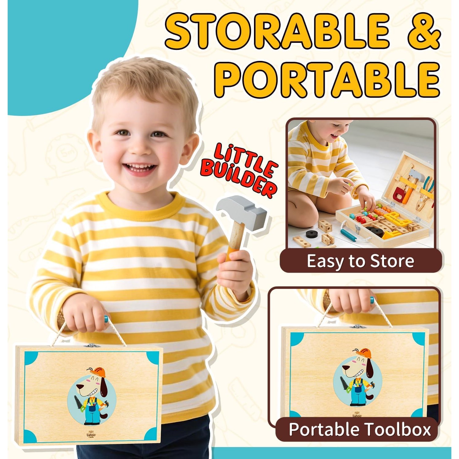 Kids Wooden Tool Set with Carry Toolbox: image 6