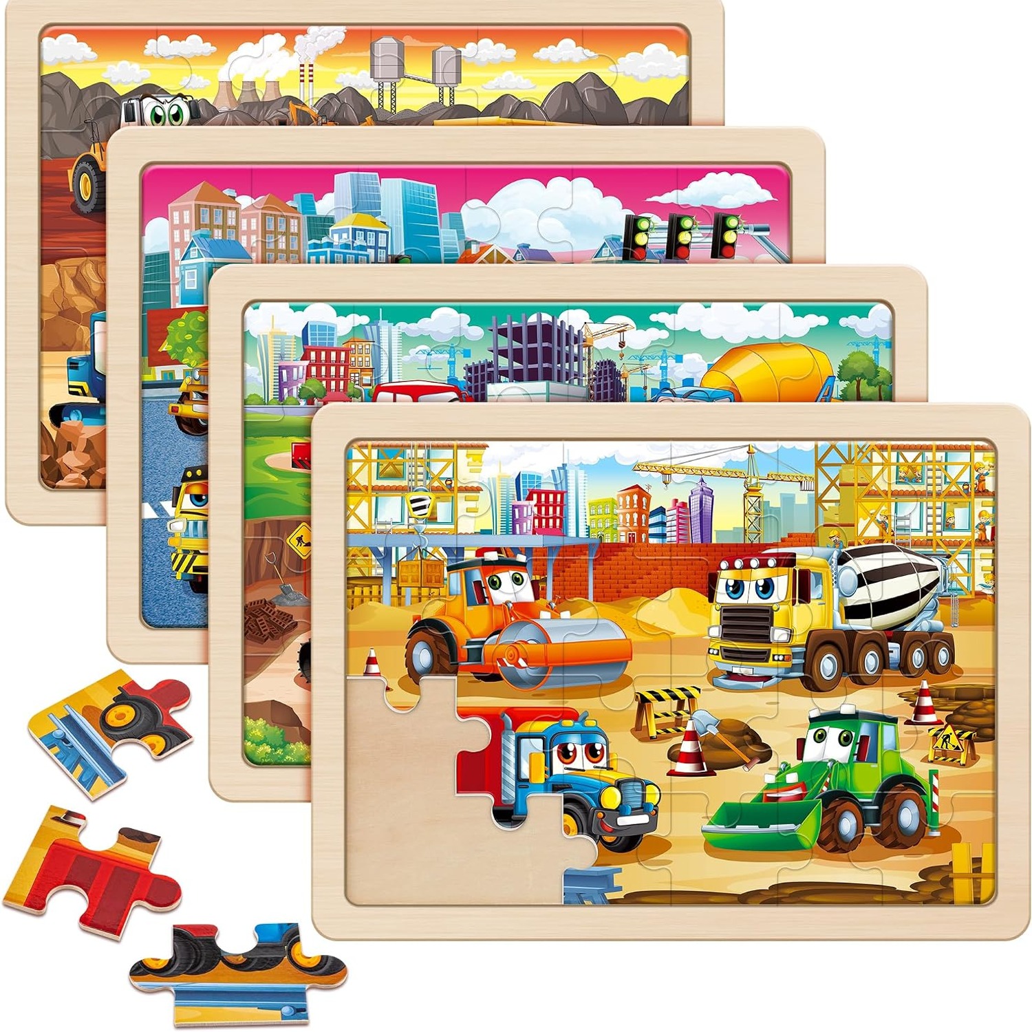 Wooden Construction Vehicle Puzzles 4-Pack