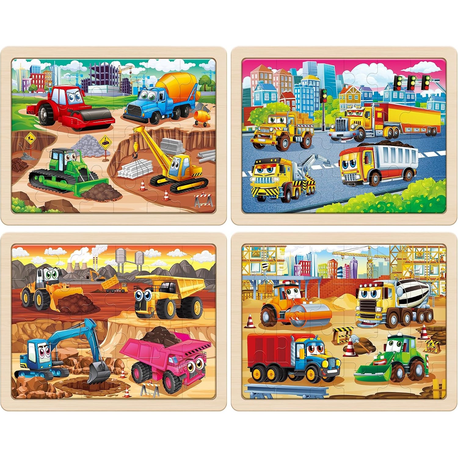 Wooden Construction Vehicle Puzzles 4-Pack