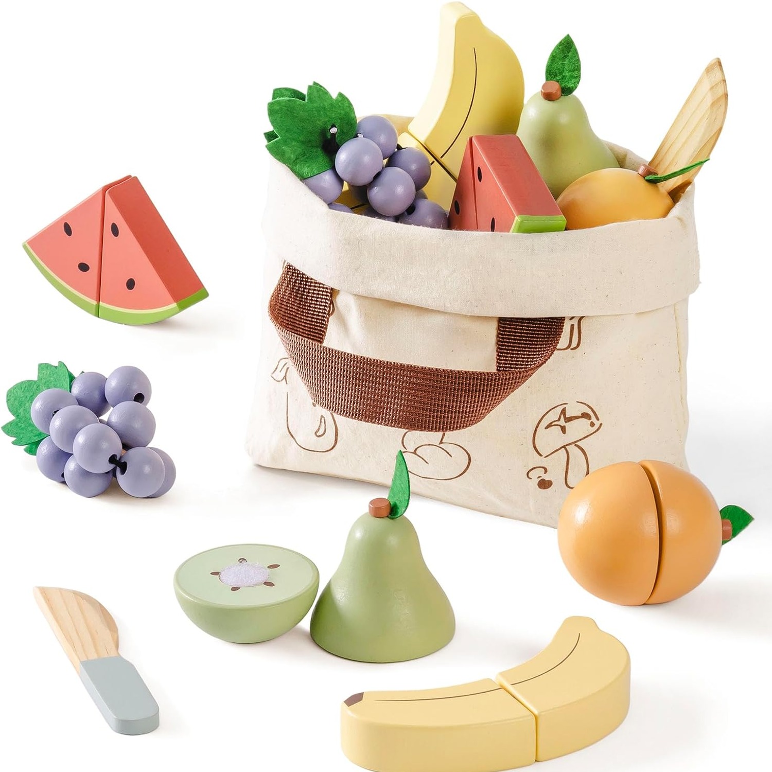 Wooden Cutting Fruit Set with Knife and Shopping Bag
