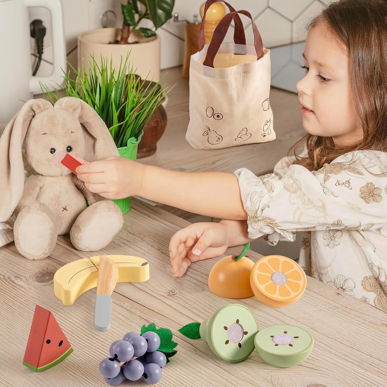 Wooden Cutting Fruit Set with Knife and Shopping Bag: image 5