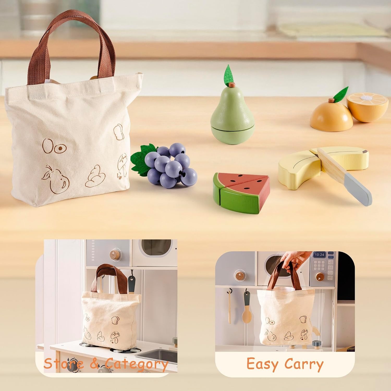 Wooden Cutting Fruit Set with Knife and Shopping Bag: image 7