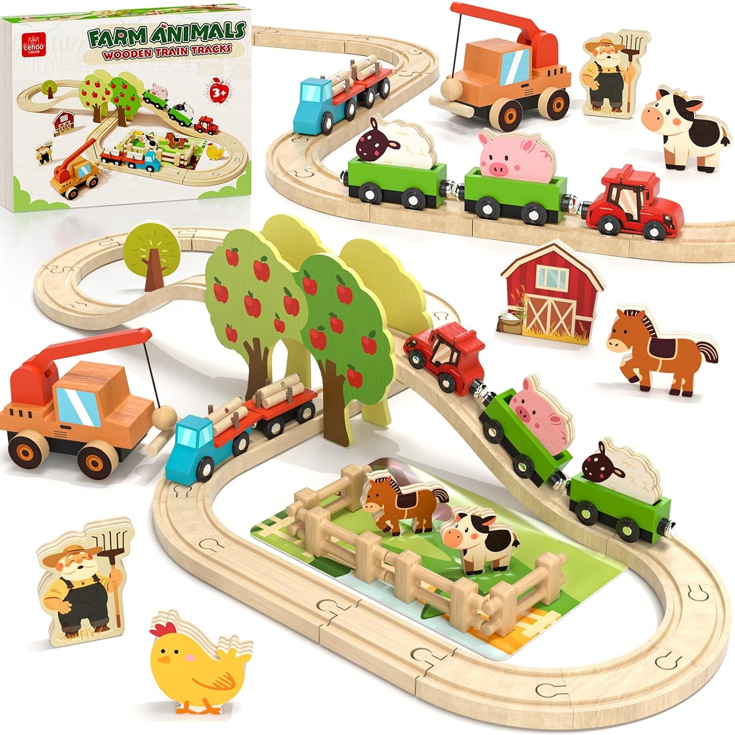 Wooden Farm Train Set with Animals, Barn and Crane