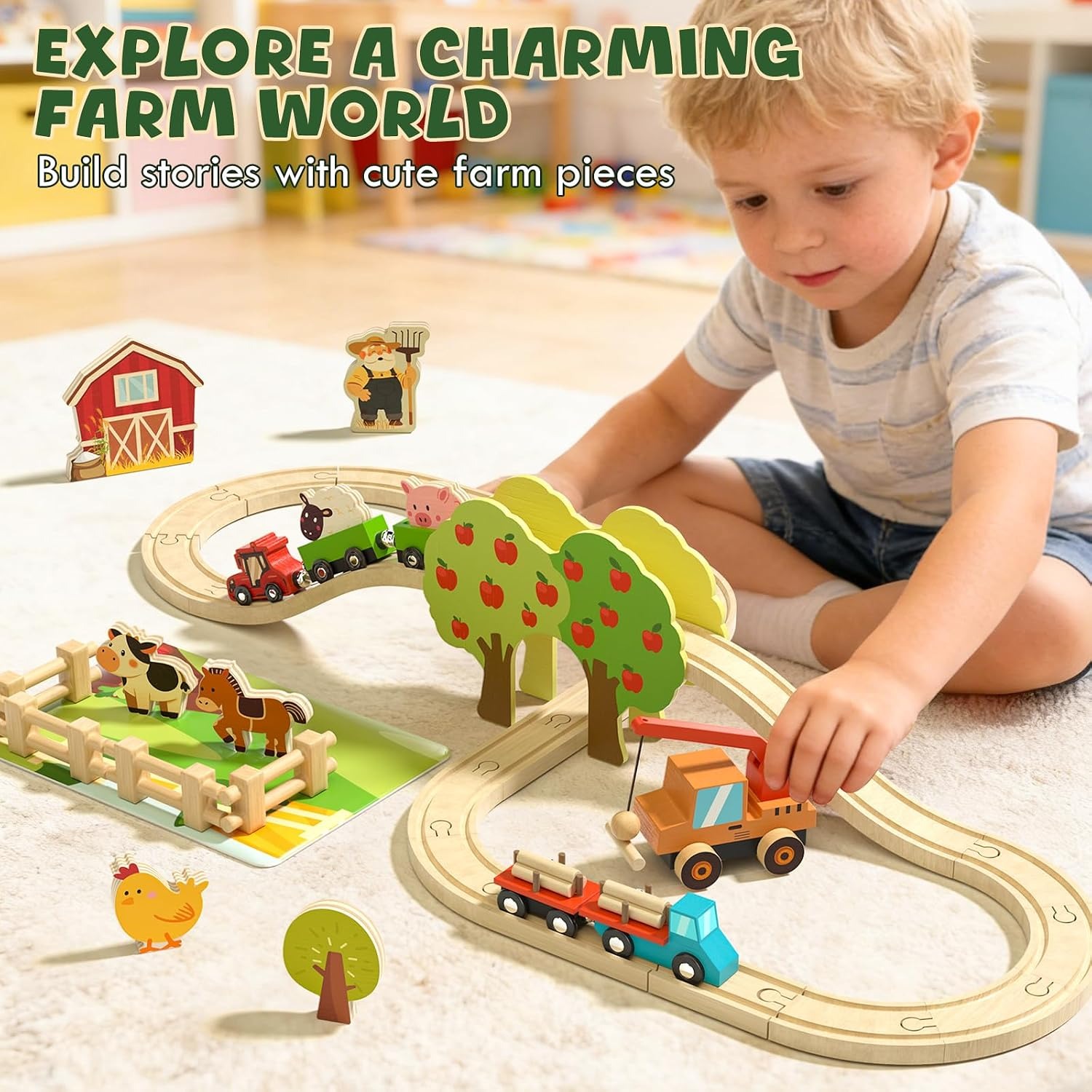 Wooden Farm Train Set with Animals, Barn and Crane: image 6